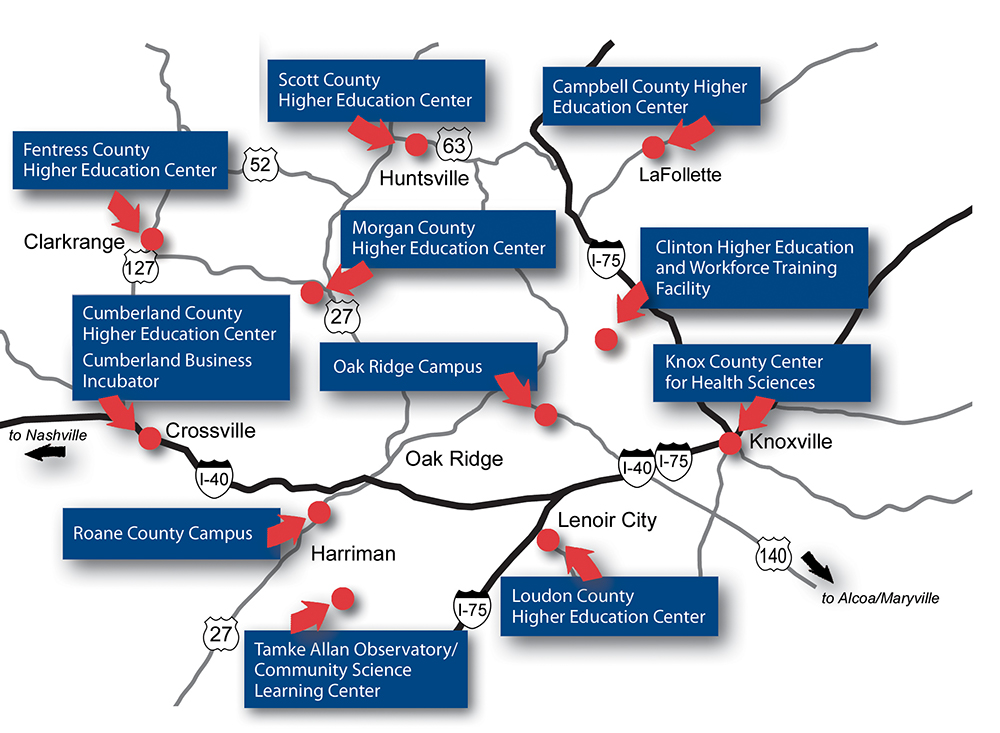 Map showing all of Roane State's campuses in East Tennessee