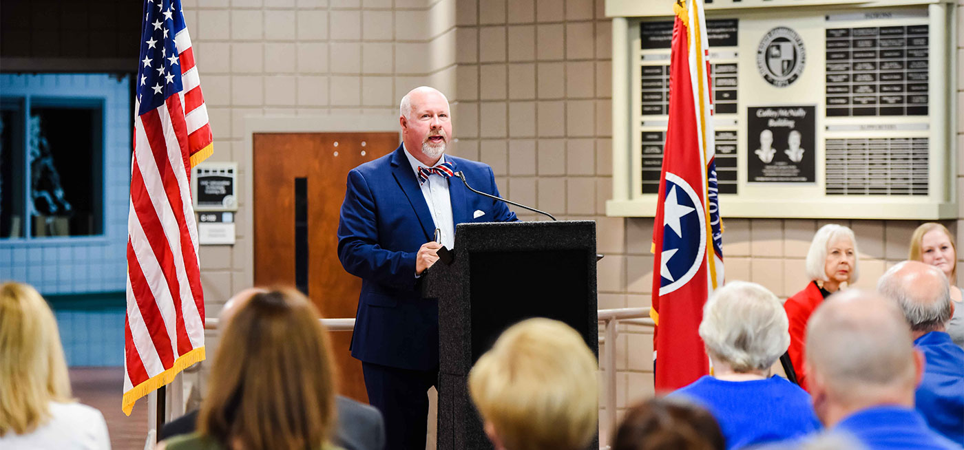 Roane State Community College President Dr. Chris Whaley addresses the crowd during the 20th anniversary of the college's permanent campus in Oak Ridge.