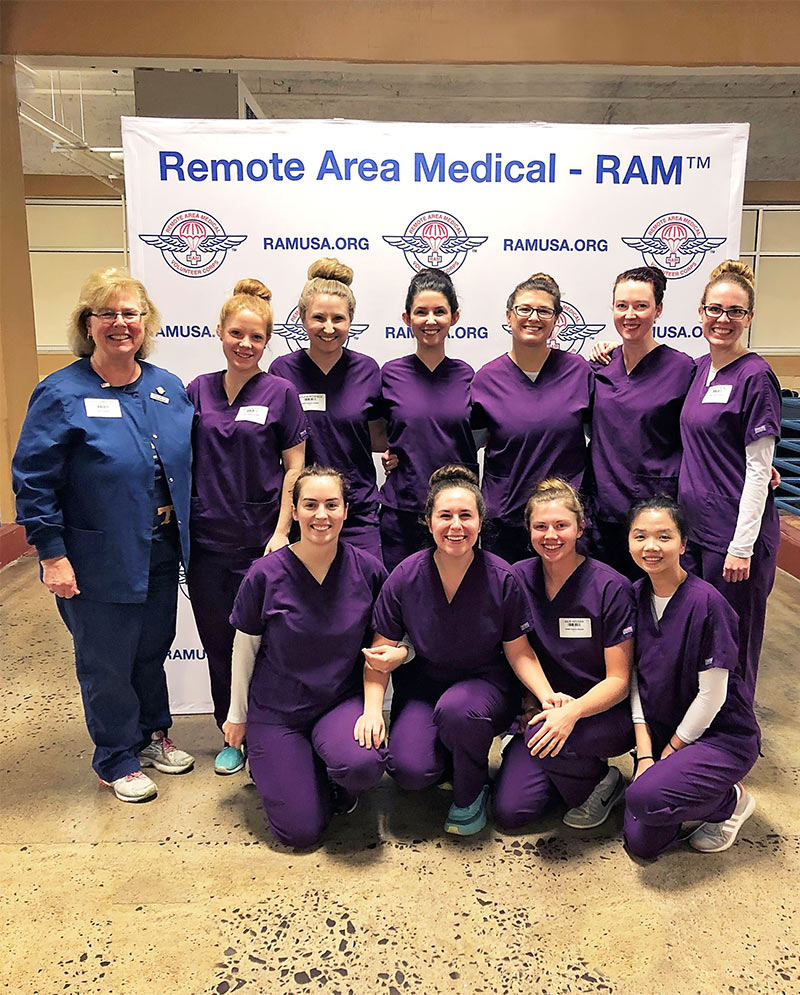 Standing, from left: Michelle Jones, clinical coordinator, and students Elese Bedolla, Kayla Burchfield, Samantha Henes, Megan McGinnis, Mandy May and Andrea Layne. Kneeling, from left: Rachel Houston, Bethany Harness, Julie Houser and Han Vo.
