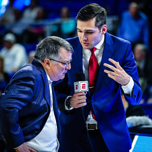Roane State graduate Alex Myers is shown interviewing Middle Tennessee State University women’s basketball head coach Rick Insell.