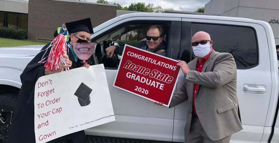 Roane State President Chris Whaley and Ann Morphew, who teaches communications/speech classes, congratulate Scott Davis for returning to the community college after 30 years to complete graduation requirements. Photo taken in 2020.