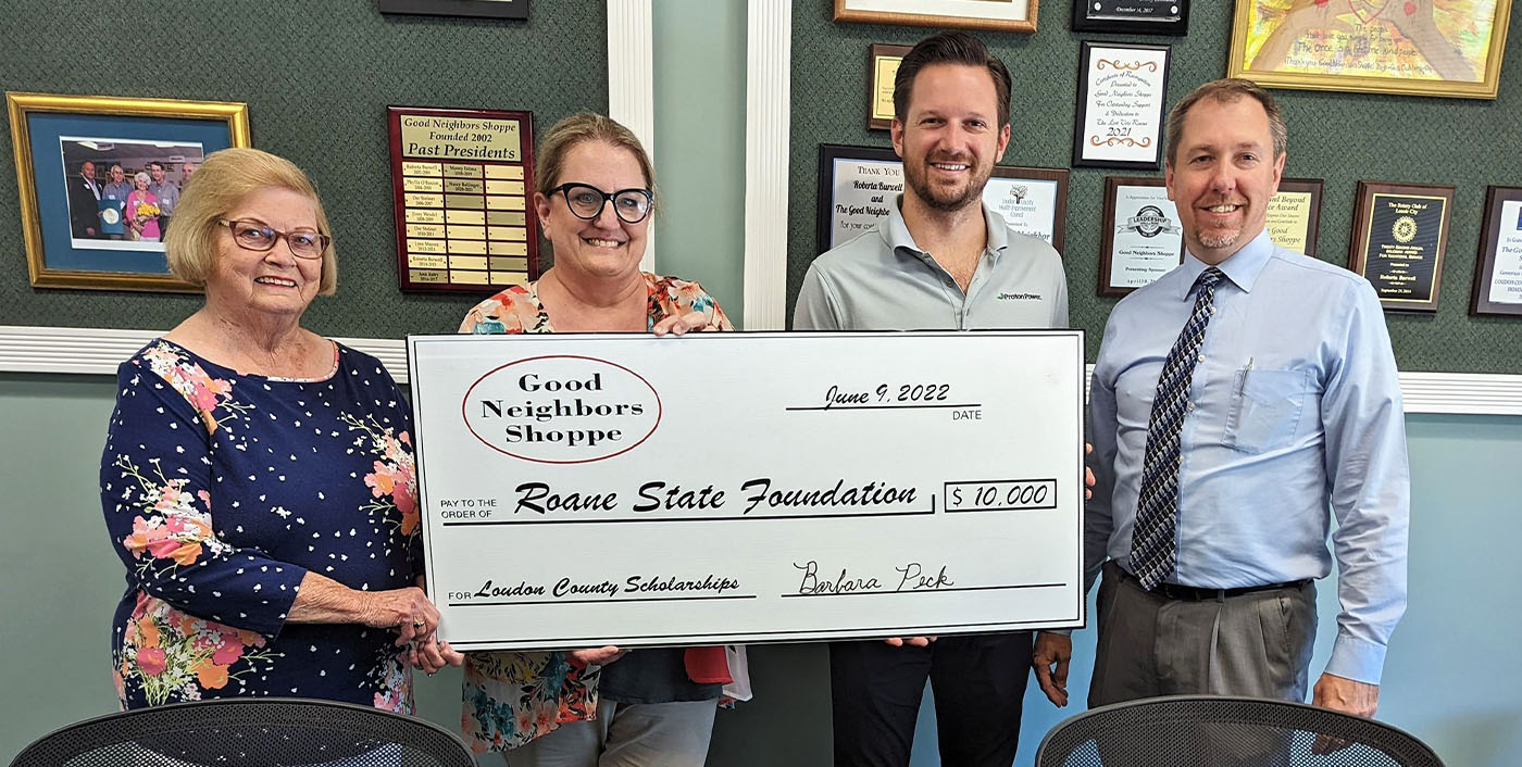 Good Neighbors Shoppe presents a check to the Roane State Foundation for $10,000 to support student scholarships and aid. Pictured left to right: Claire Donnelly with GNS; Susan Williams, RSCC Loudon County Center Director; Roane State Foundation Board of Directors member Sean Hensley; and Scott Niermann, Executive Director of Roane State Foundation.