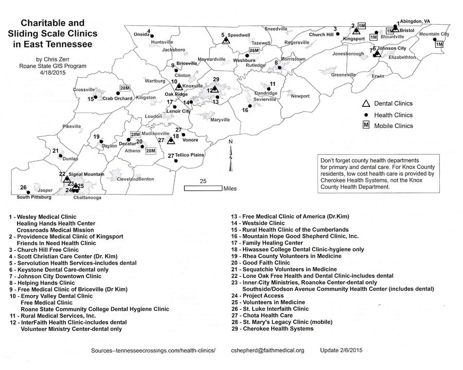 Roane State Geographic Information Systems student Chris Zerr created maps for Remote Area Medical. This map shows healthcare services in the East Tennessee region.