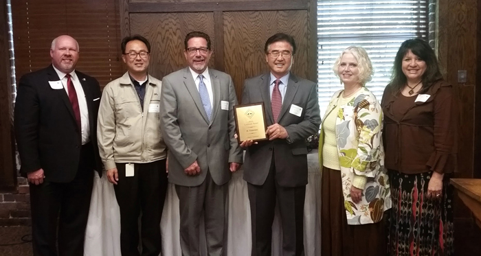 The East Tennessee College Alliance honored SL Tennessee for its support of higher education. From left are Roane State President Dr. Chris Whaley; Yeonsoo Chung, human resources manager at SL Tennessee; Scott Laska, SL Tennessee Business Development Manager; Y.K. Woo, SL America President; Kim Harris, Roane State job placement director; and Maria Gonzales, Roane State director of student enrollment and recruitment.