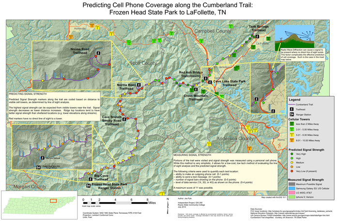 Map predicting cell phone coverage along the Cumberland Trail