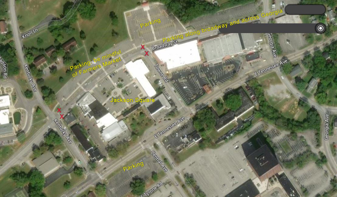 Map of the festival showing visually the notes from above. Parking is just north or just south of Jackson Square.