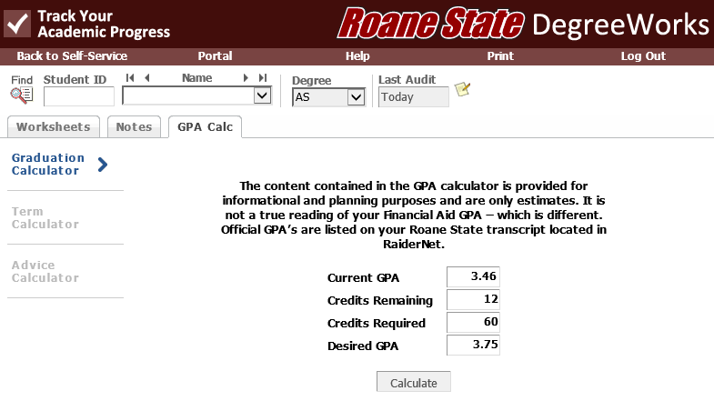 Screenshot of Graduation Calculator