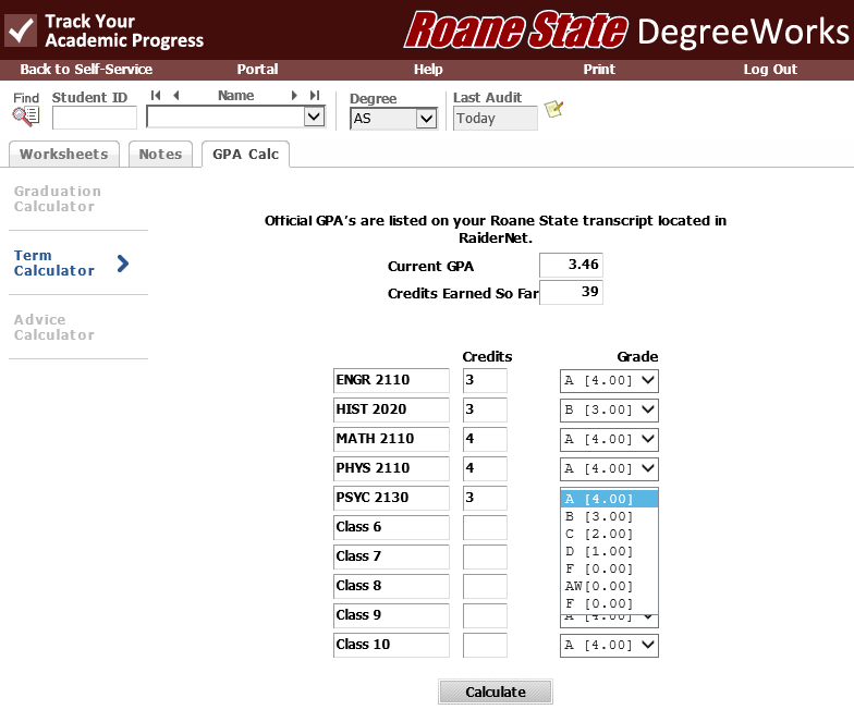 Screenshot of Term Calculator