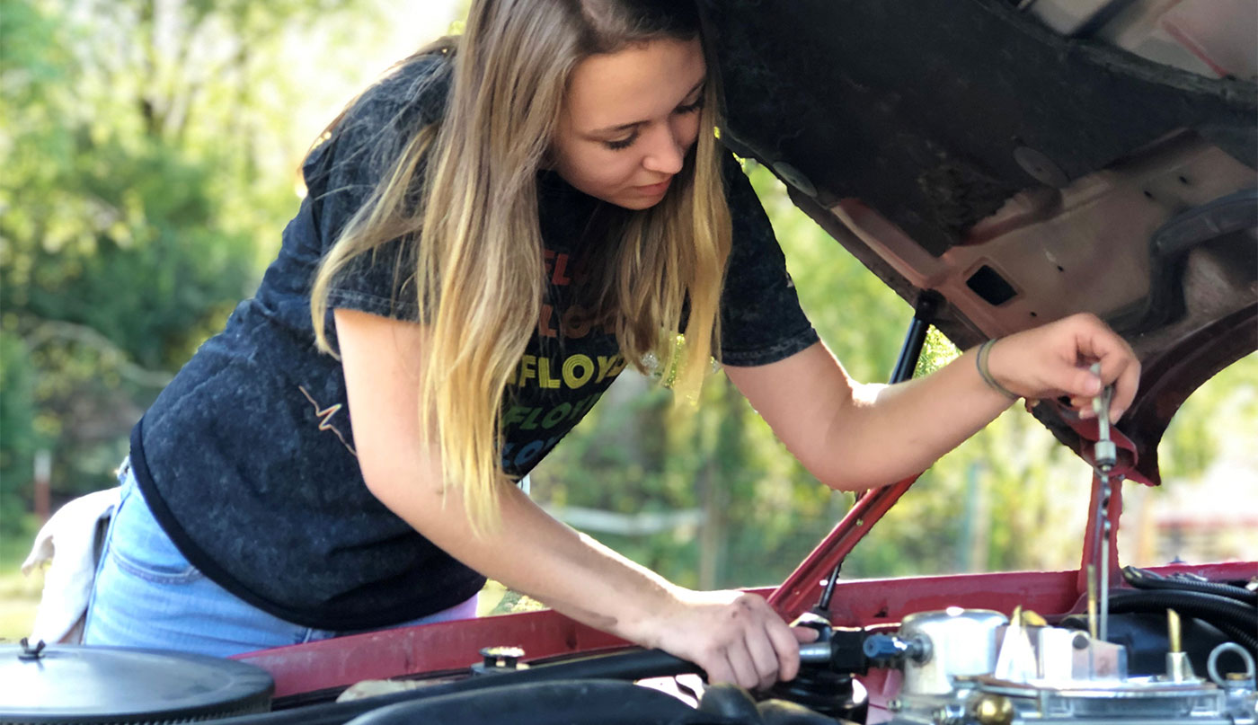 Briana Gaines, a freshman at Roane State Community College, has been restoring an antique muscle car for three years, and she’s often under the hood of the 1986 Chevy Camaro.