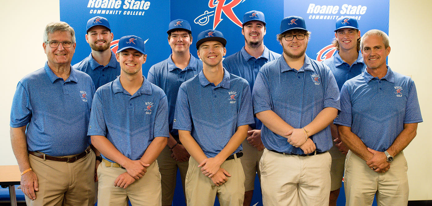 Coach Tony Wright, left, a retired scientist, is pictured with members of the Roane State golf team and Coach Chris Griffin. From left: Wright, Tyler Roller, Mason Haggard, Caleb Trentham, Brandon Jordan, Justin Neal, Mike Renner, Wyatt James and Coach Griffin.