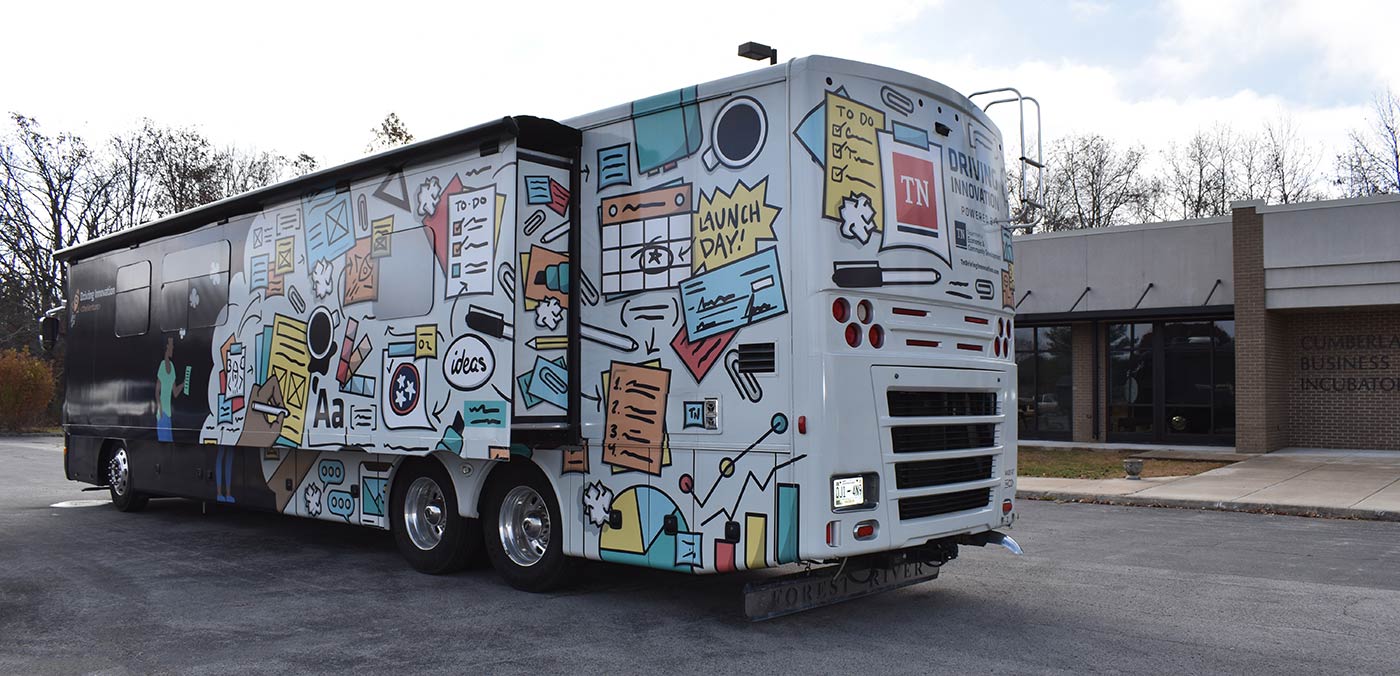 The state funded Venture Bus was parked in front of the Cumberland Business Incubator, operated by Roane State, for a recent workshop.