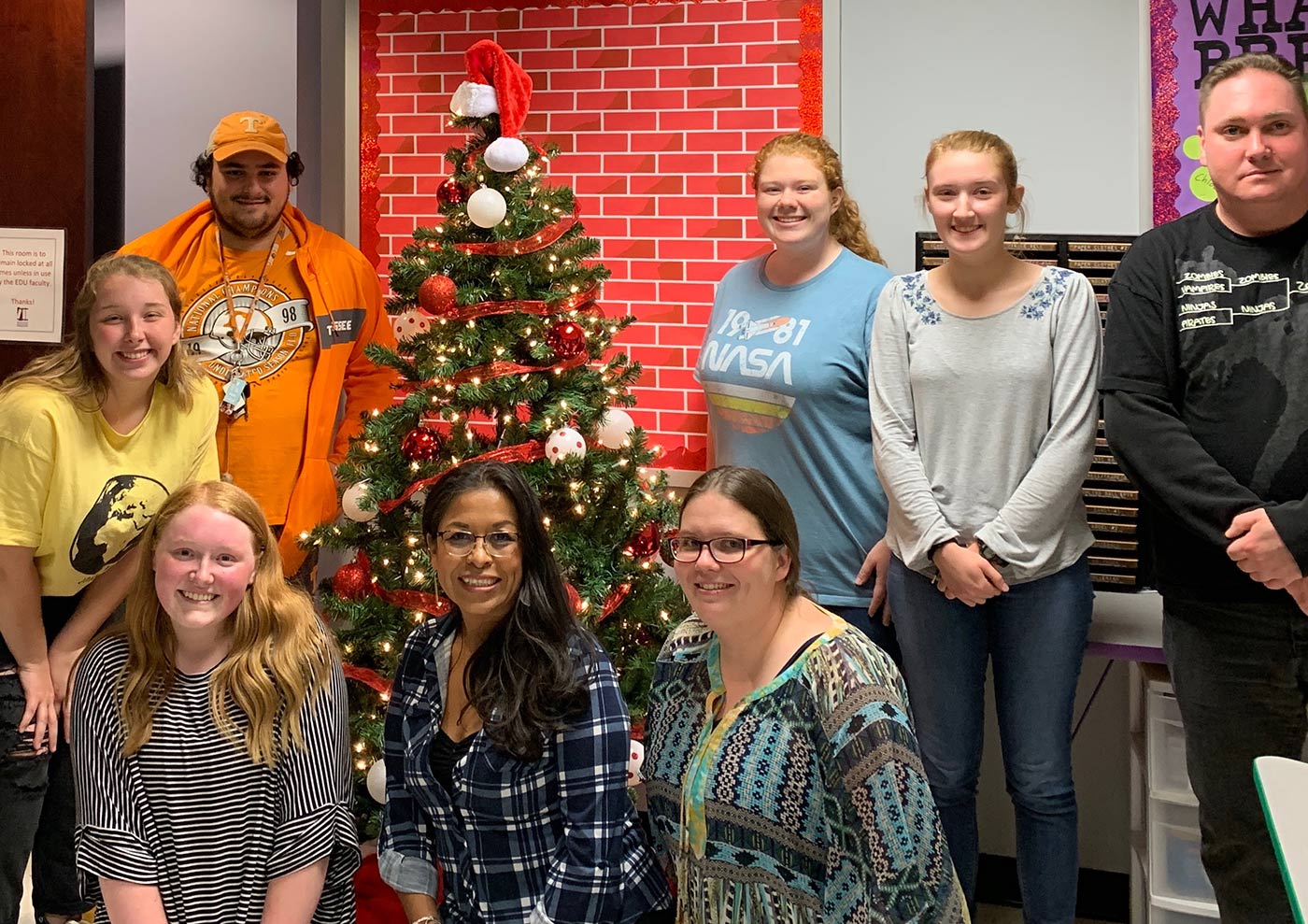 Members of Roane State’s Student Tennessee Education Association chapter are shown with their Angel Tree project. From left: Kayla Dishman, Matthew Sims, Jill Kesterson, Sedona Harrell and Earl Davis. Front row, from left: Gabby McCarty, Gioconda Duran and Adreinne Hannah.