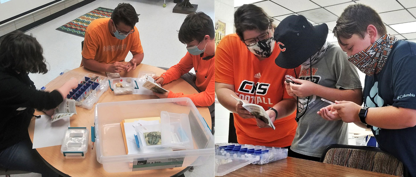 Left: Coalfield School teacher Kristan Headrick with students during a recent Lab-in-a-Box activity. Right: Lab-in-a-Box activity photo from Petros-Joyner School.