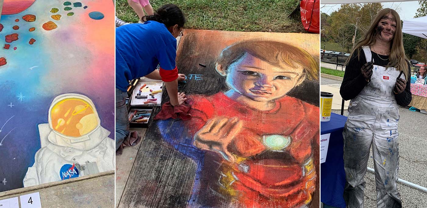 Painting of space, person painting a boy, a person stained from painting