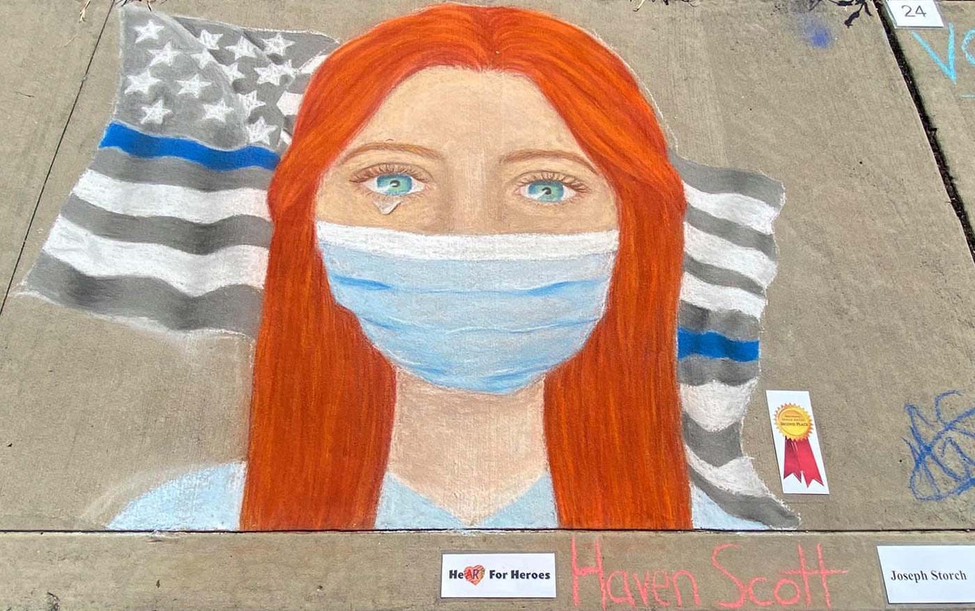 Painting of a crying nurse in front of a flag that only has a blue stripe