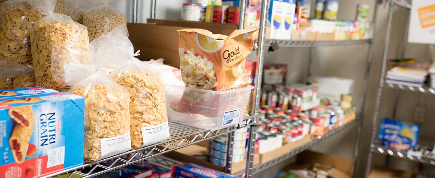 Food pantry items on shelves