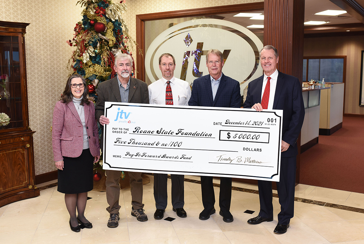 Jewelry Television (JTV) presents a $5,000 check to the Roane State Foundation to assist with the Pay-It-Forward program providing aid for students. Pictured from left to right are Dr. Patricia Jenkins, Roane State Dean of Health Sciences; Kirk Harris, Roane State Director of Continuing Healthcare & Safety Education; Scott Niermann, Roane State Foundation Executive Director; Steve Walsh, JTV Senior Vice President of Global Operations and Logistics; and Tim Matthews, JTV President and CEO.
