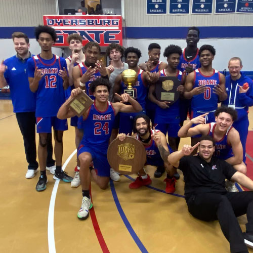 The Roane State Raiders celebrate their historic win showing off some of the awards they collected from the overtime win over Dyersburg State.