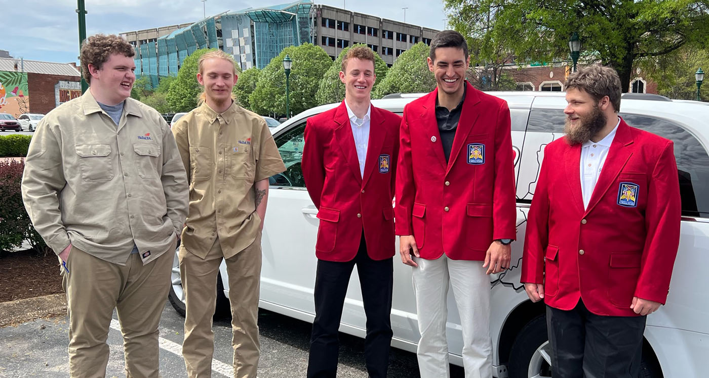 Roane State students who won medals at the SkillsUSA state contest are pictured, from left, Jeremiah L. Hamby and Joshua L. Gilmore, third place in robotics and automation; Gabriel J. Eady, second place in mechatronics; instructor Guilherme Garcia, and Darren T. Clark, second place in mechatronics.
