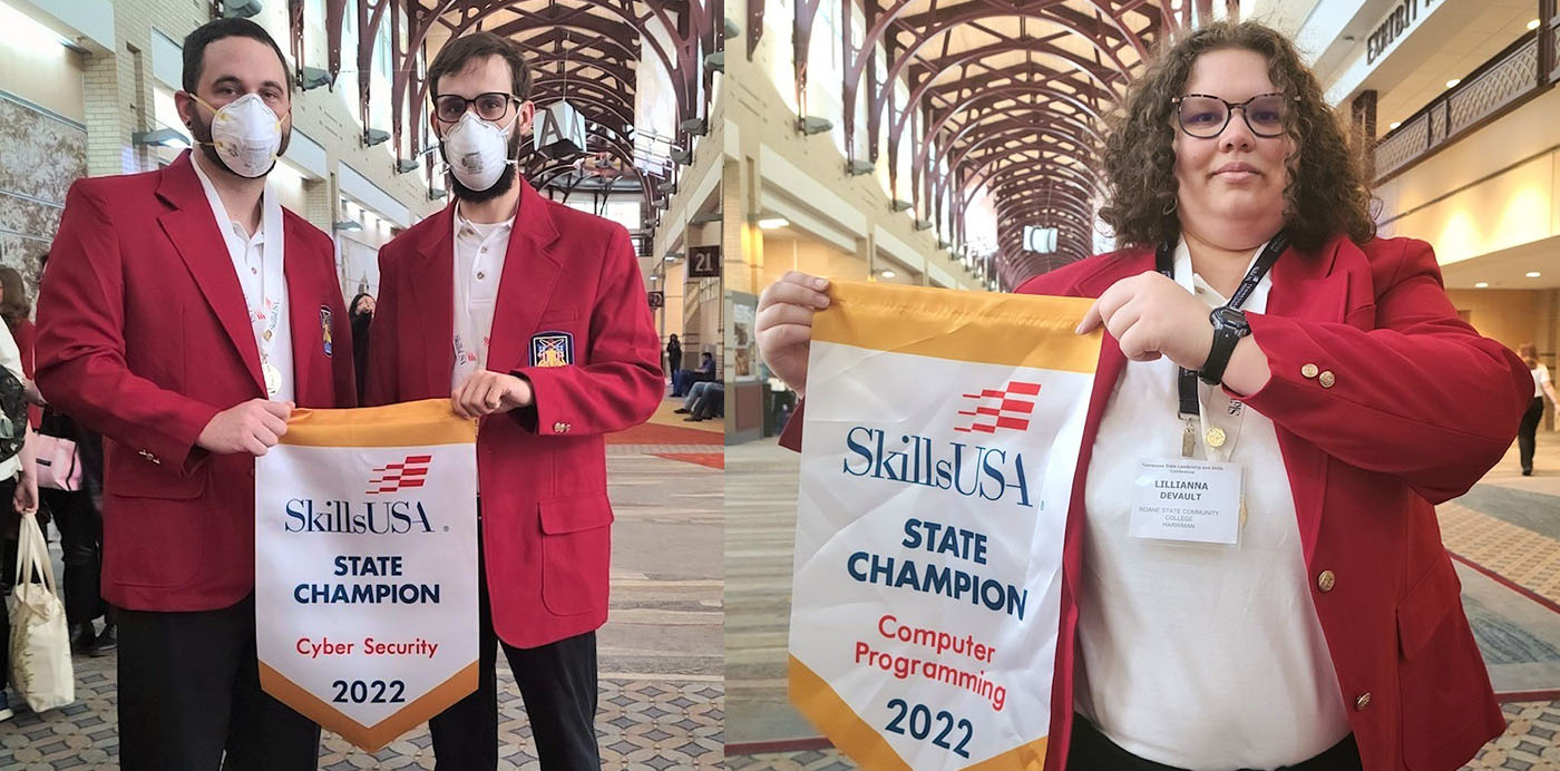 Left photo: Roane State students Michael Graves, left, and Christopher Paul took first place in the SkillsUSA competition in cybersecurity. Right photo: Lilliana (Lily) Devault holds the SkillsUSA banner representing her first-place finish in the computer programming competition.