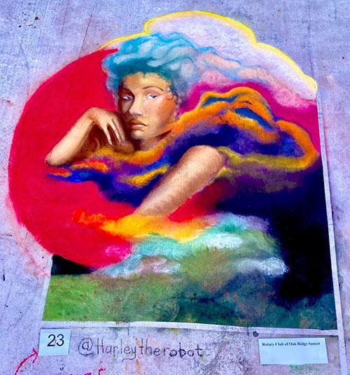 Colorful painting of a figure in front of a red circle and green area