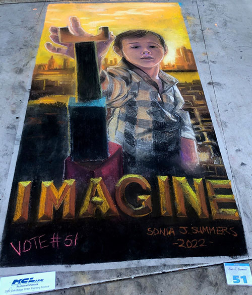 Painting of a child stacking blocks with the word "IMAGINE" under it.