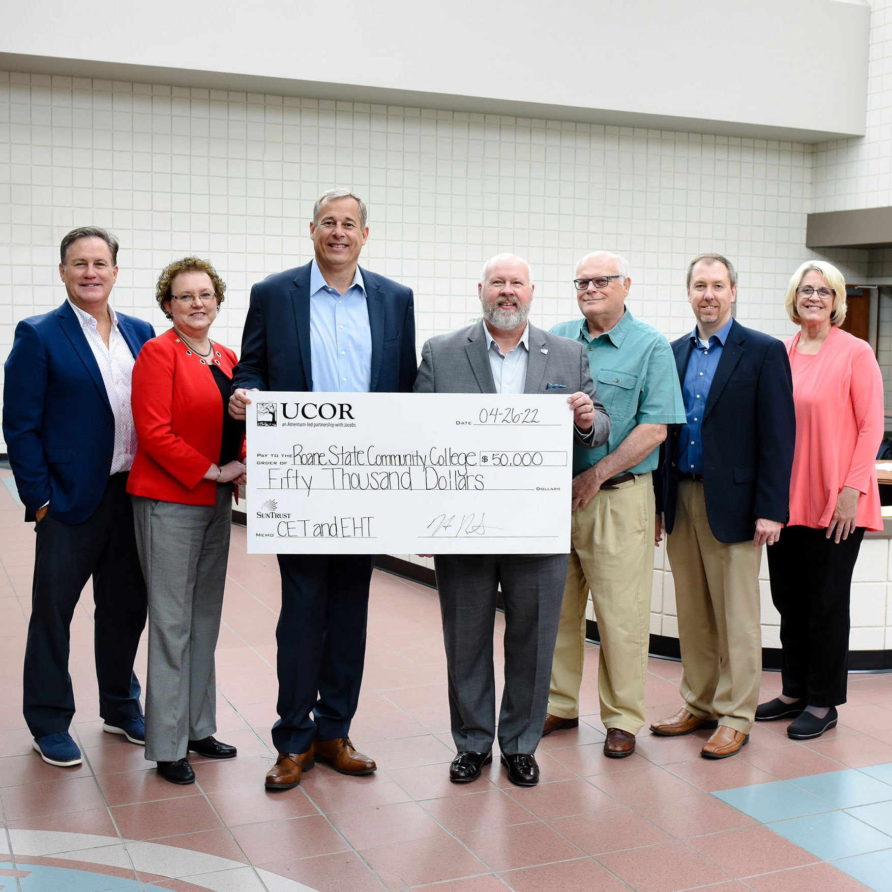 Roane State and UCOR representatives pose for a photo following a check presentation for $50,000 that will be split between the CET and EHT programs.