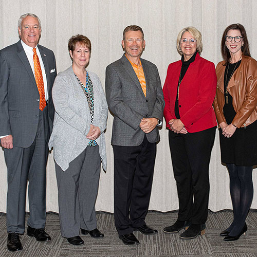 Roane State and MS Technology representatives pause for a photo at an East Tennessee Economic Council meeting in October following a donation to support local college students. Pictured from left to right are: Mike Magill, RSCC Workforce Development Director; Patti Pace, Principal Systems Architect with MS Technology; Randy Inklebarger, President & CEO of MS Technology; Teresa Duncan, Vice President of Workforce and Community Development at Roane State; Leigha Justice, ETEC Chair.