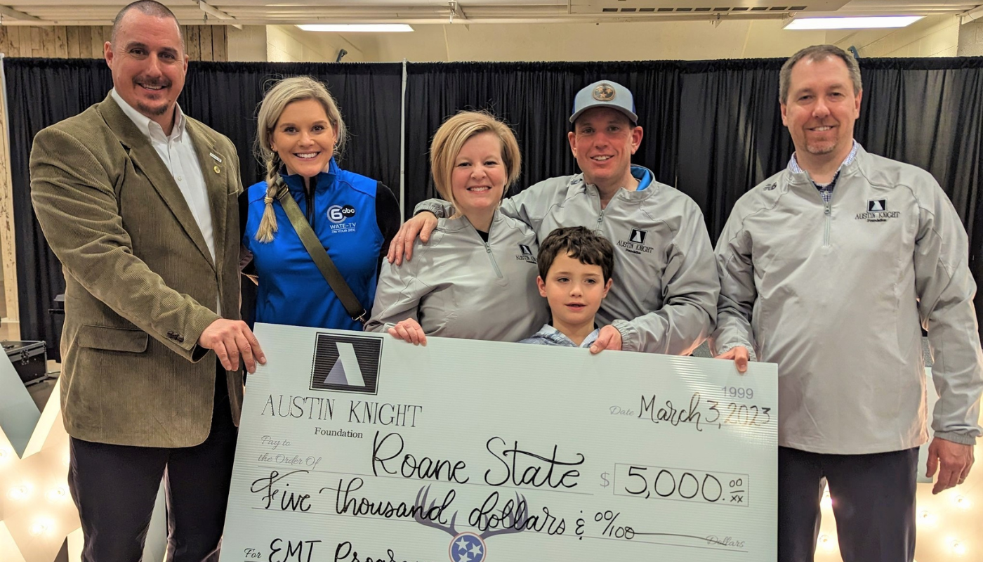 Pictured left to right during a check presentation are: David Blevins, Roane State EMS Program Director; Ginny Cole Davis, WATE-TV’s Living East Tennessee (Roane State alum); Amanda and B.J. Hillard with son Finn; and Scott Niermann, Roane State Foundation Executive Director.