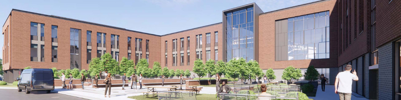 An architectural rendering of a large college campus.
