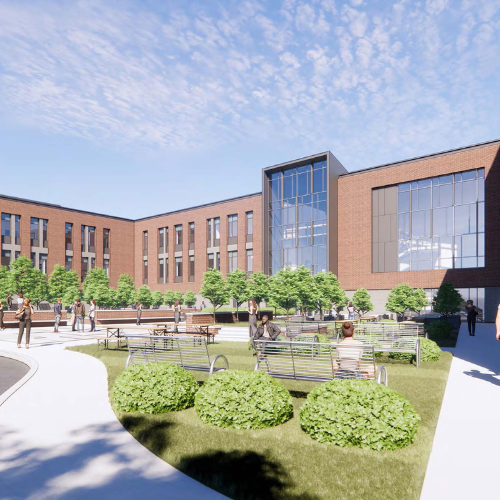 An architectural rendering of a college campus.