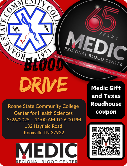 A flyer for a blood drive at Roane State's Knox County Campus on March 26.