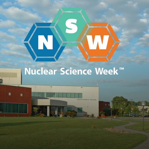 The Nuclear Science Week logo on a photo of Roane State's Oak Ridge Campus.