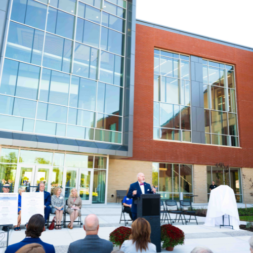 1.	RSCC President Chris Whaley speaks to the crowd gathered for the ribbon cutting of the new Knox Regional Health Science Education Center on September 18, 2025. Special guests are seated to the left and right.
