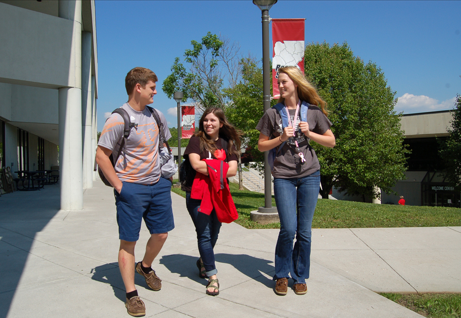 Roane State Middle College students, from left, Brandon Buck, Brianna Casaus and Madison Duncan chat as they take a break during final exam week.