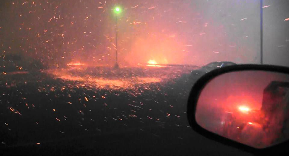 Sparks out car window during Gatlinburg wildfire