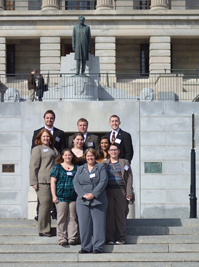 Roane State sent one of its largest delegations ever to the fall Tennessee Intercollegiate State Legislature in Nashville. Delegates were Georgette Boozer (front); Chelsey Mynatt and Jenna Francois (second row, from left); Nikki Smith, Emmiley Boutwell and Marine Payen (third row from left); and Tully Watson, Keaton Bowman, and Seth Stewart (back row, from left).