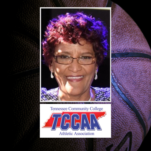 Photo of Carolyn Bush Roddy with basketball background.