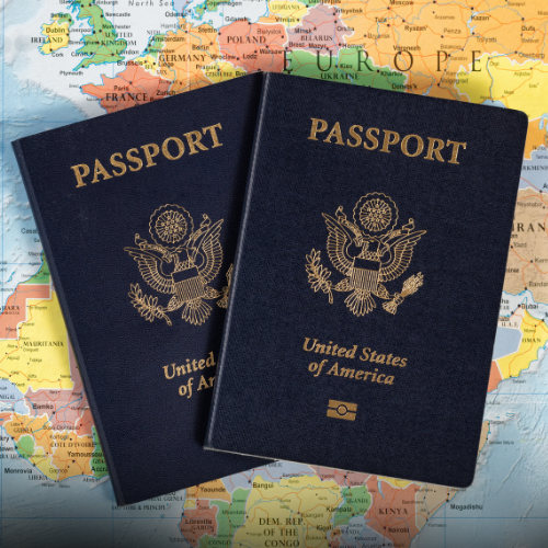 Passports on top of a map.