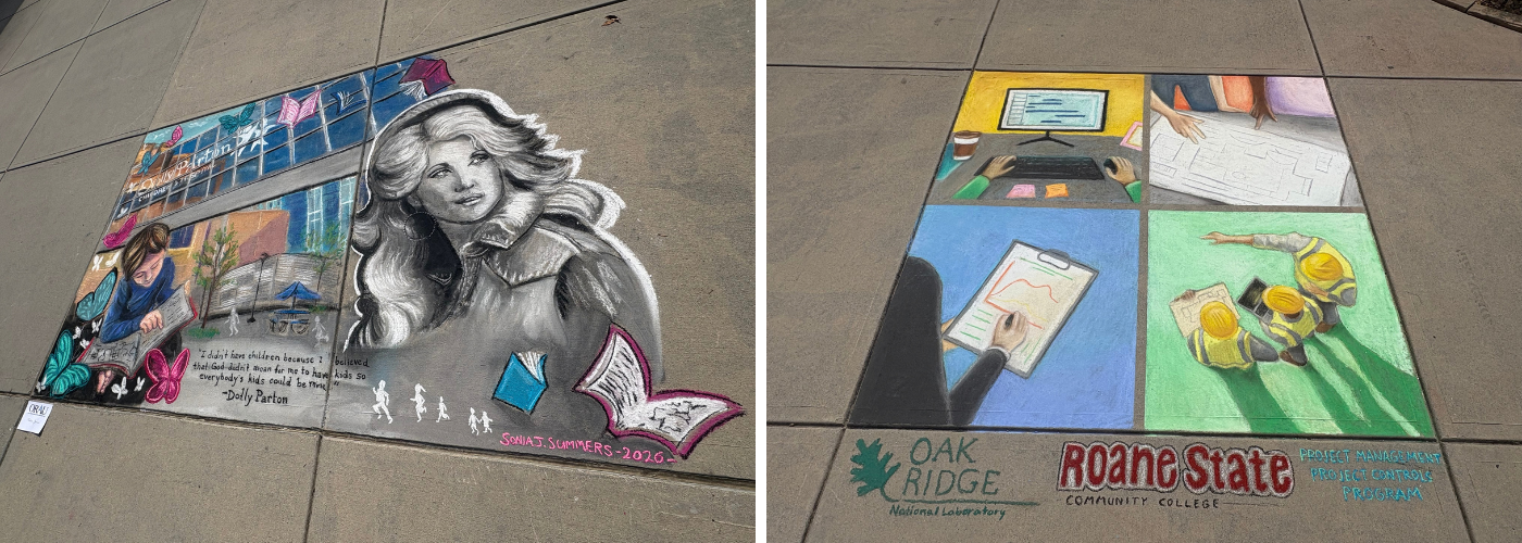 Examples of chalk art from the 2026 Street Painting Festival. One piece depicts Dolly Parton and another show various scene's from the college's project management pathway.