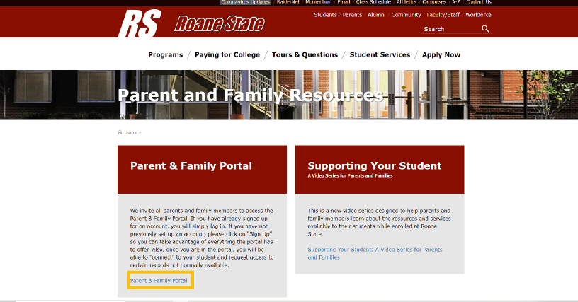A screenshot of the RSCC Parents webpage.