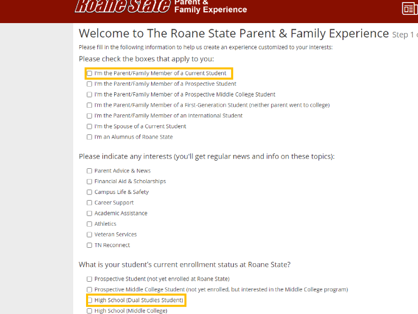 A screenshot of the customized interest page of the Parent Portal